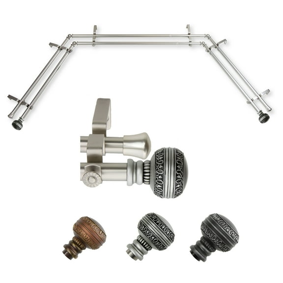 Greta 13/16" Double Bay Window curtain rod Adjustable 20"-36", 38"-72" - Satin Nickel,(ABay-02-5D)