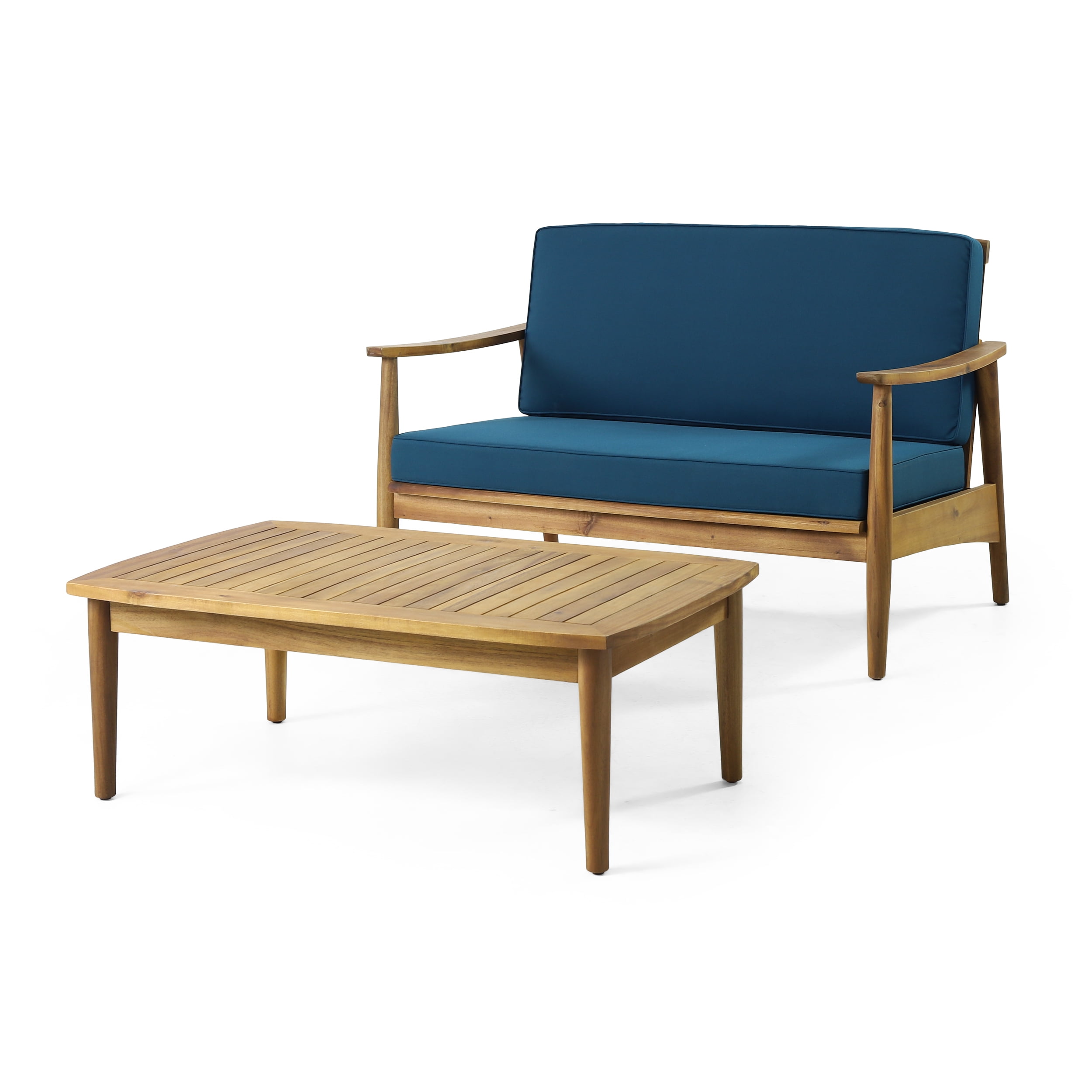 Greta Acacia Wood 2-Piece Outdoor Chat Set with Dark Teal Cushions, Teak