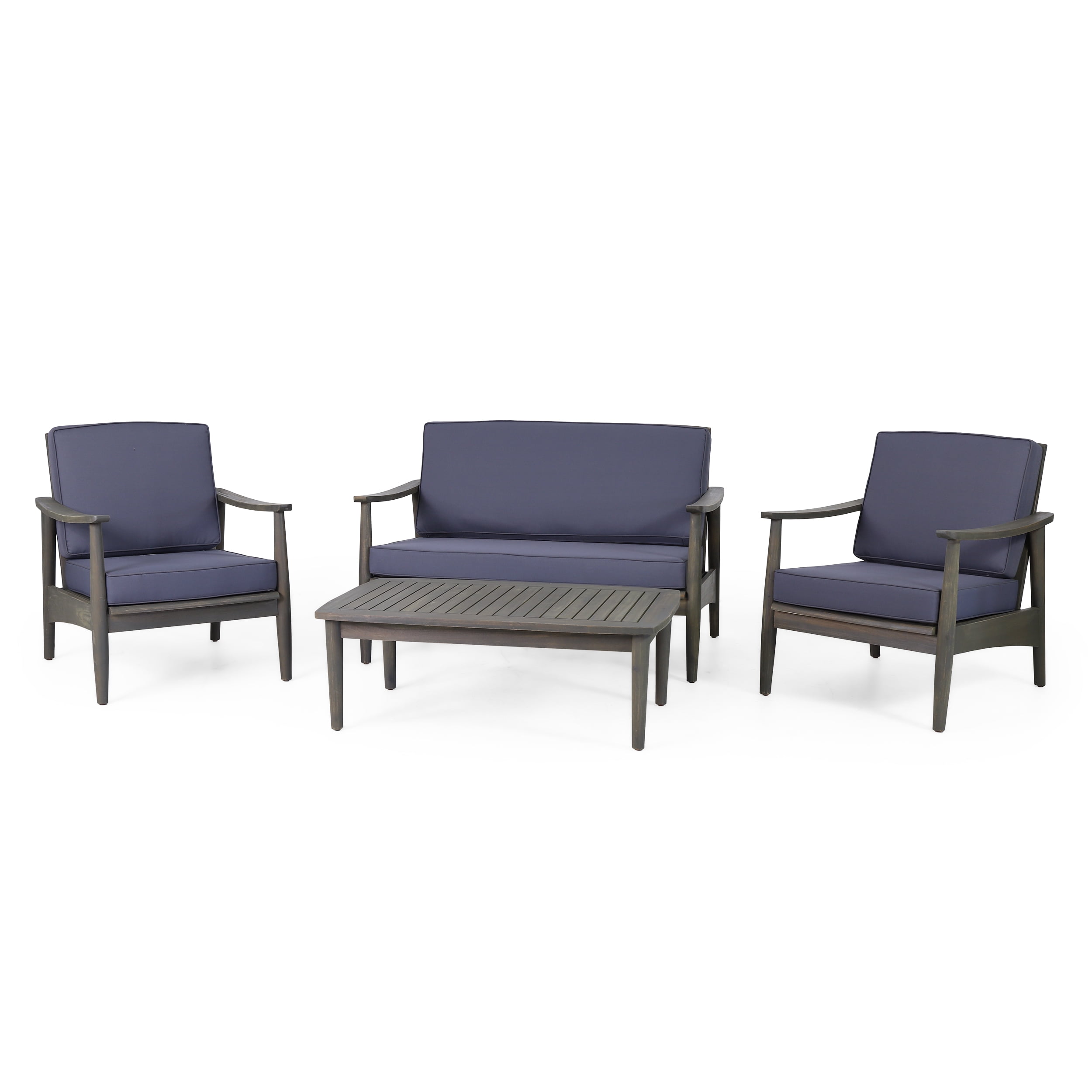 Greta Acacia Wood 4-Piece Outdoor Chat Set with Dark Gray Cushions, Gray