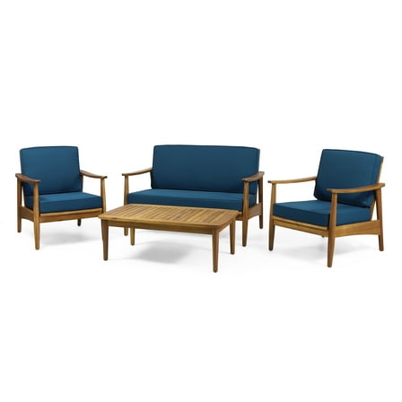 Greta Acacia Wood 4-Piece Outdoor Chat Set with Dark Teal Cushions, Teak