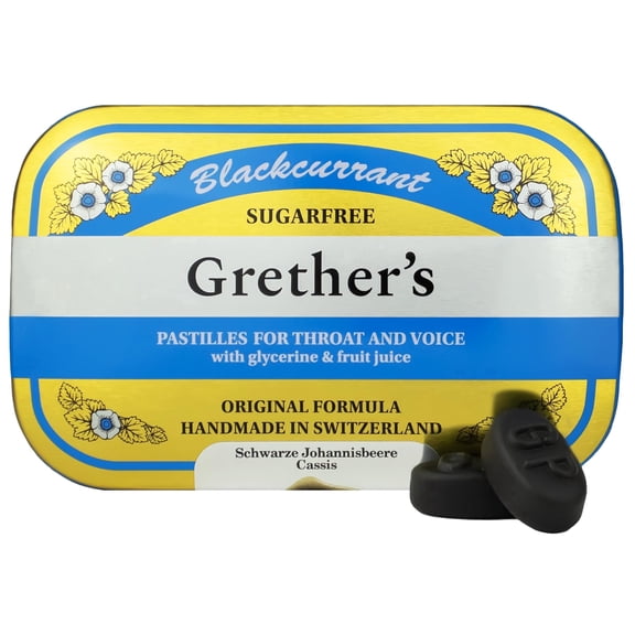 GRETHER'S Sugarfree Blackcurrant Pastilles - Premium Swiss Throat Lozenges for Dry Mouth & Throat Comfort  Rich in Vitamin C, Intense Fruit Flavor, Gluten & Lactose Free  2.1 oz