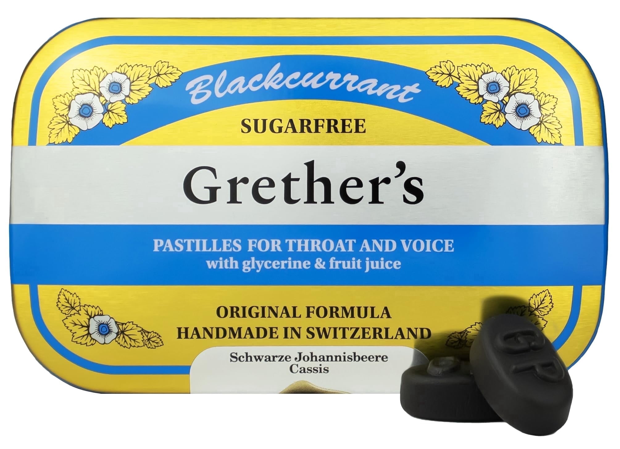 GRETHER'S Sugarfree Blackcurrant Pastilles - Premium Swiss Throat Lozenges For Dry Mouth & Throat Comfort – Intense Fruit Flavor, Gluten & Lactose Free – 15 oz