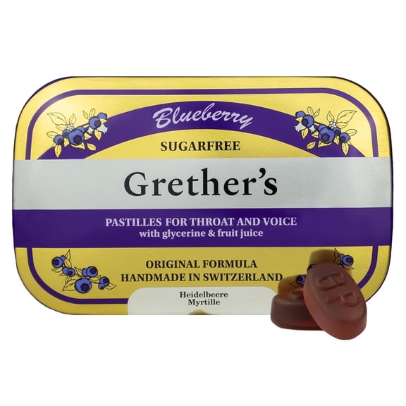 GRETHER'S Sugarfree Blueberry Pastilles  Premium Swiss Throat Lozenges For Dry Mouth & Throat Comfort  Intense Fruit Flavor  Gluten & Lactose Free  Gift for Singers  3.75 oz