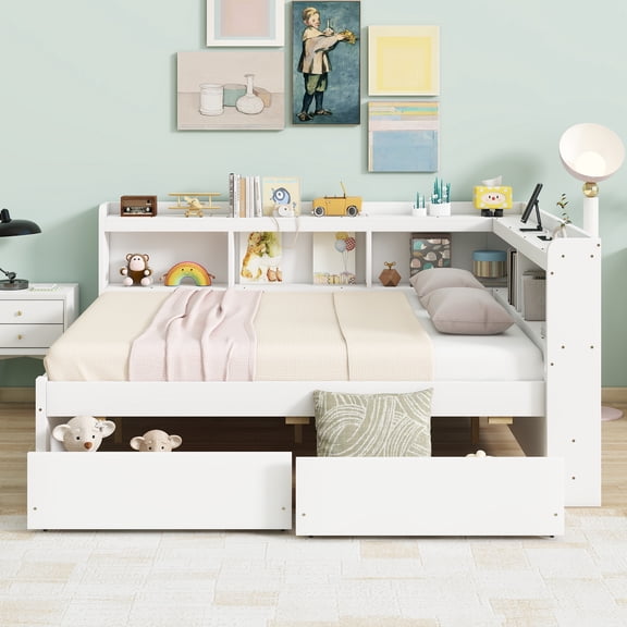Gretop Full Size L-shaped Bookcases Bed with Power Outlets, USB Charging Ports,Two Drawers