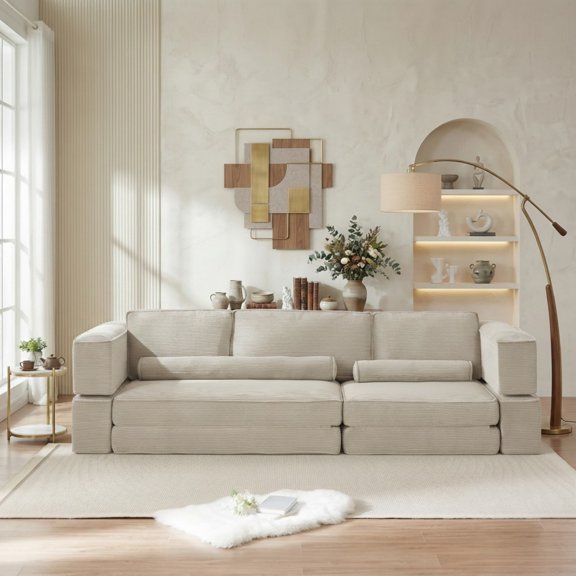 Gretop Large Modular Corduroy Sectional Sofa,Deep Seat Modern Building Block Couch for Living Room,Khaki