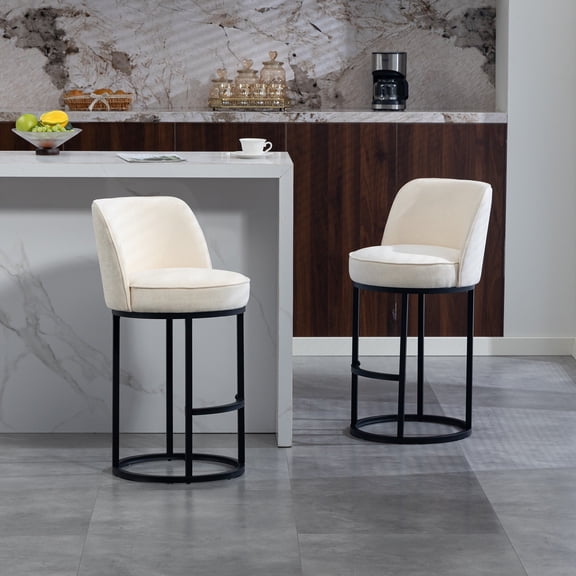 Gretop Modern Counter Height Bar Stools Set of 2,Linen Upholstered Kitchen Island Chairs with Barrel Backrest,Beige