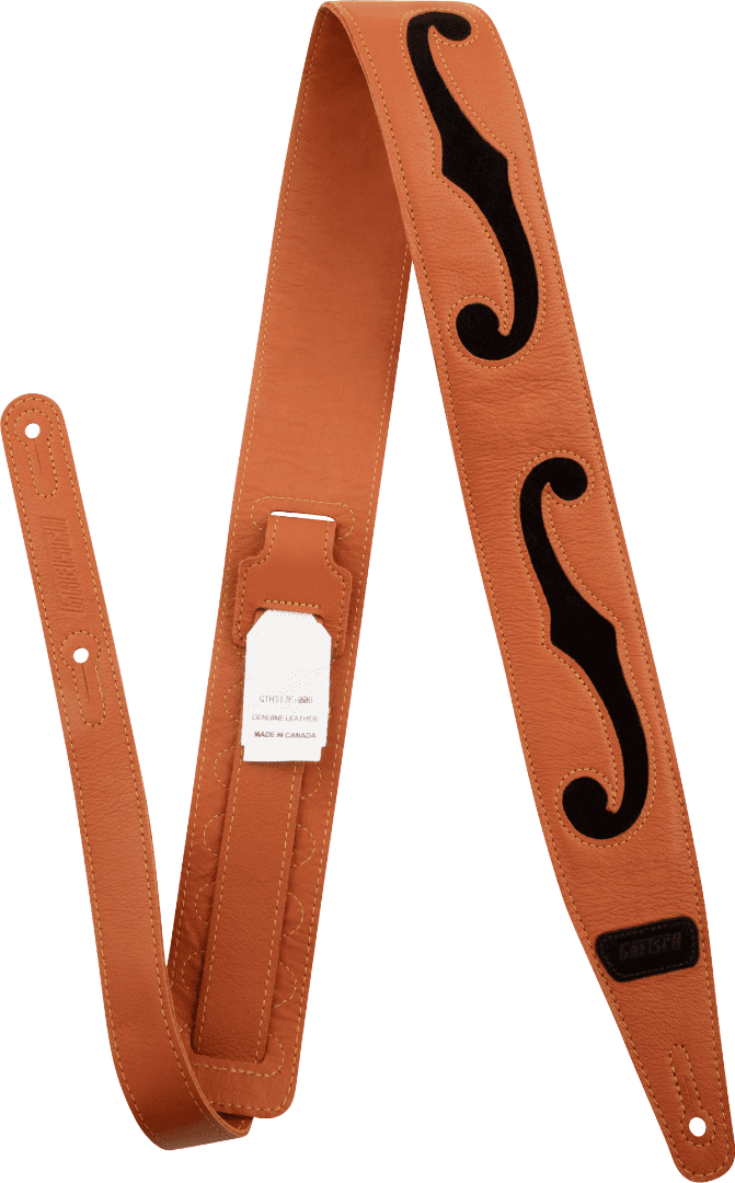 Gretsch® Logo F-Holes Leather Guitar Strap, Black and Orange, 3" #9224282100