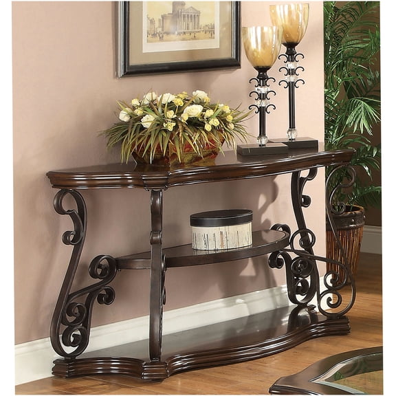 Gretta Merlot Sofa Table, 2-Tier Console Table with Scrollwork Legs for Living Room, Entryway Hallway
