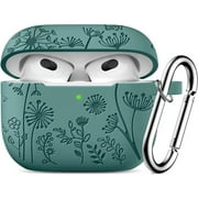 Gretung Flower Engraved AirPods 3rd Generation Case, Silicone Skin Protective Case for Apple AirPods 3rd Gen Charging Case Cover with Keychain Accessories for Women Men, Pine Green