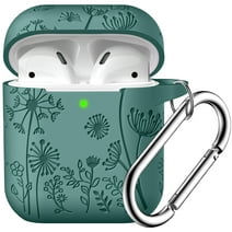 Gretung Flower Engraved Case Compatible with AirPods 2nd Generation & 1st Generation Case Cover, Cute Soft Silicone Skin Full Protective Cover with Keychain for Men Women, Pine Green