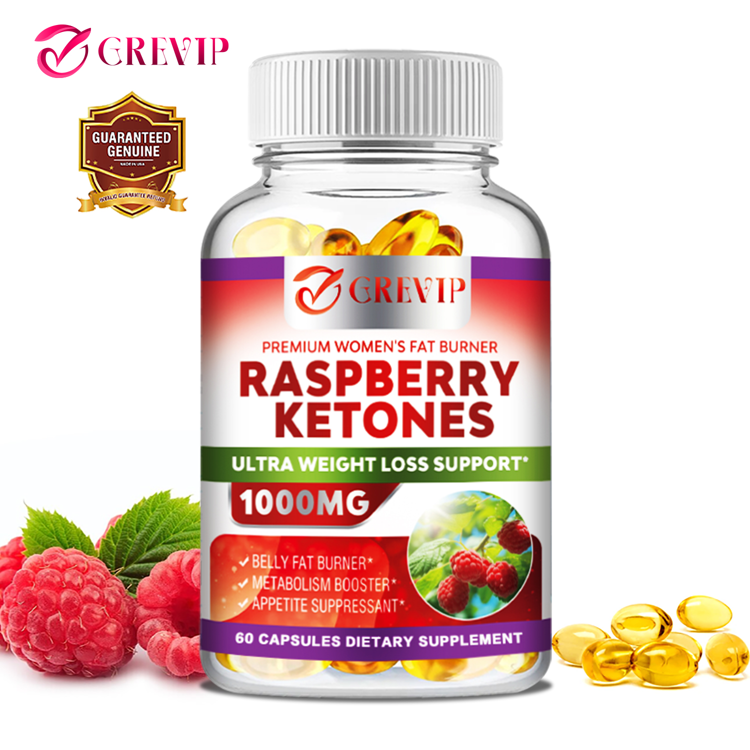 Grevip Raspberry Ketones 1000mg Weight Loss Support, Suppress