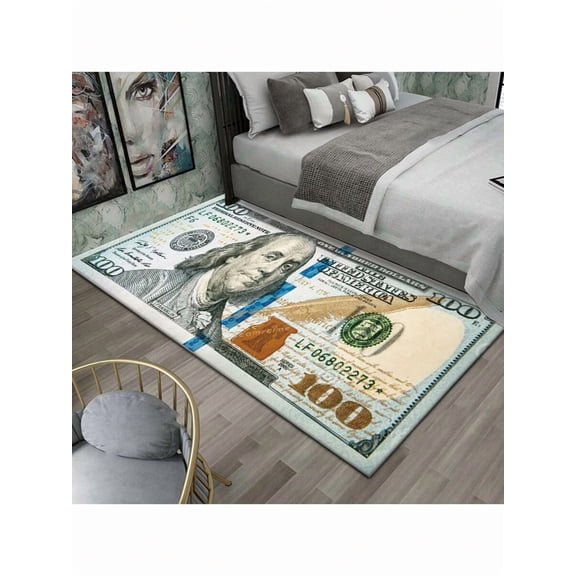 Grey 100 Dollar Bill Printed Area Rug, Plush Thickened Bedroom Living Room Decor, Non-Slip Backing