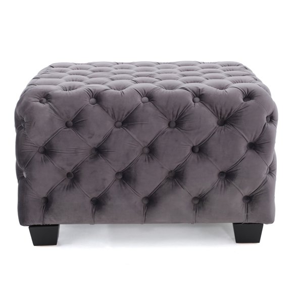 Grey 100% Polyester Velvet Diamond Tufted Square Ottoman Solid Wood Short Legs 29 Inch