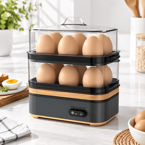 Grey 12-Capacity Rapid Electric Egg Cooker with Vegetable Steamer Tray