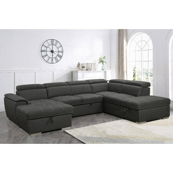 Grey 128"Sofa U Shaped Sectional Couch - 7 Seater Couch w/ Storage & Adjustable Headrest - Offers Hidden Bed & Storage Solution