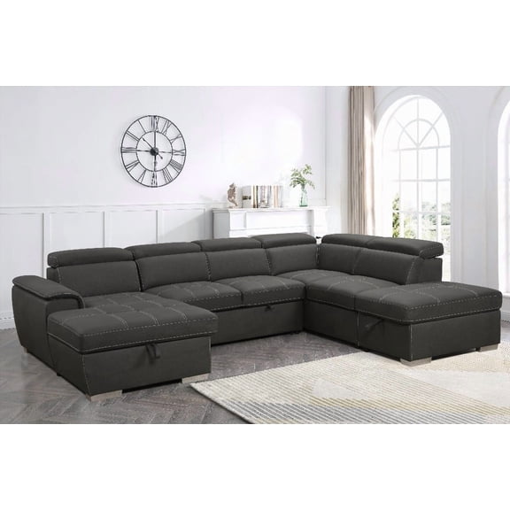 Grey 128"Sofa U Shaped Sectional Couch - 7 Seater with Storage & Adjustable Headrest - Features Hidden Bed & Convenient Storage