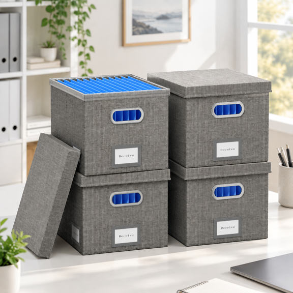 Grey 13.2*10.1*10.1in(4Pack) Linen Fabric Document File Storage Boxes