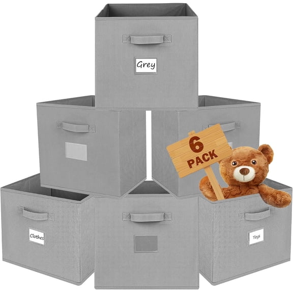 Grey 13" Fabric Storage Cube Bins, 6 Pack Collapsible Baskets for Shelves & Closet