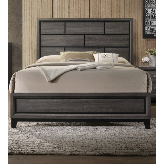 Grey 1pc Queen Size Panel Bed - Wooden Furniture with Rustic Gray Box Pattern Headboard