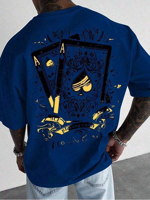 Grey 2 Oversized Graphic Short Sleeve T-Shirt With Gold Ace Of Spades Print, Streetwear Loose Fit Tee For Men