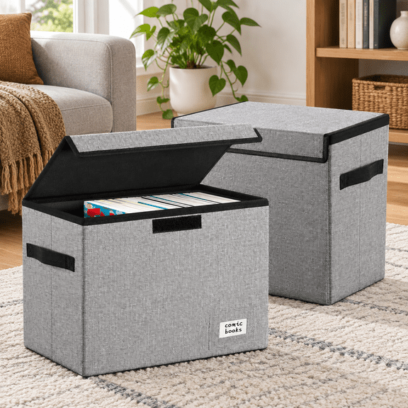 Grey 2 Pack Comic Book Storage Boxes, 15.67 x 11.73 x 1.93 Inches