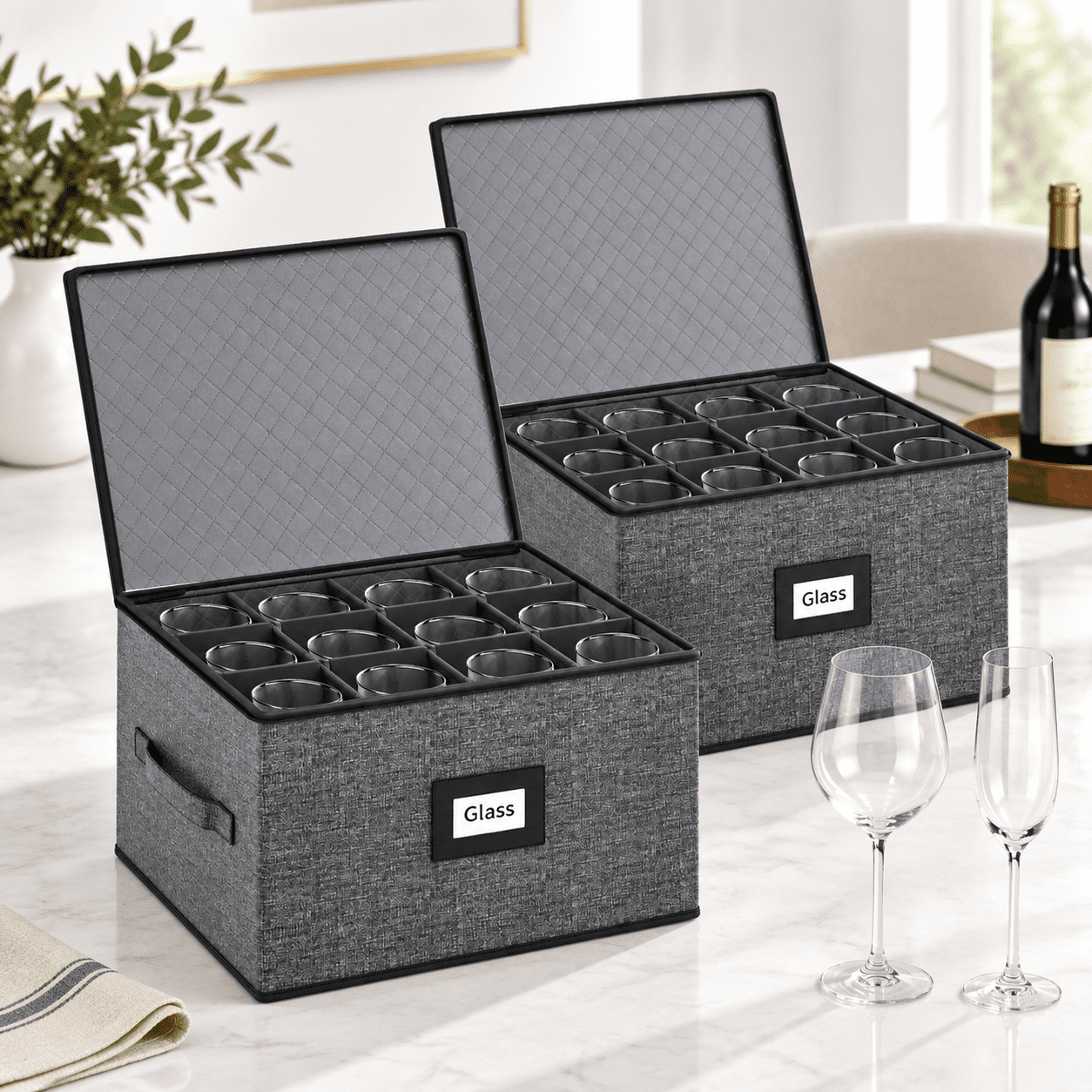 Wine Box Pack Grey 2 Pack Wine Glass Storage Box with Dividers for Stemware ...