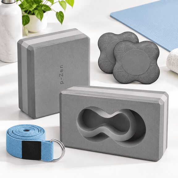 Grey 2 Pack Yoga Blocks with Pads and Strap, Wrist Support Exercise Bricks