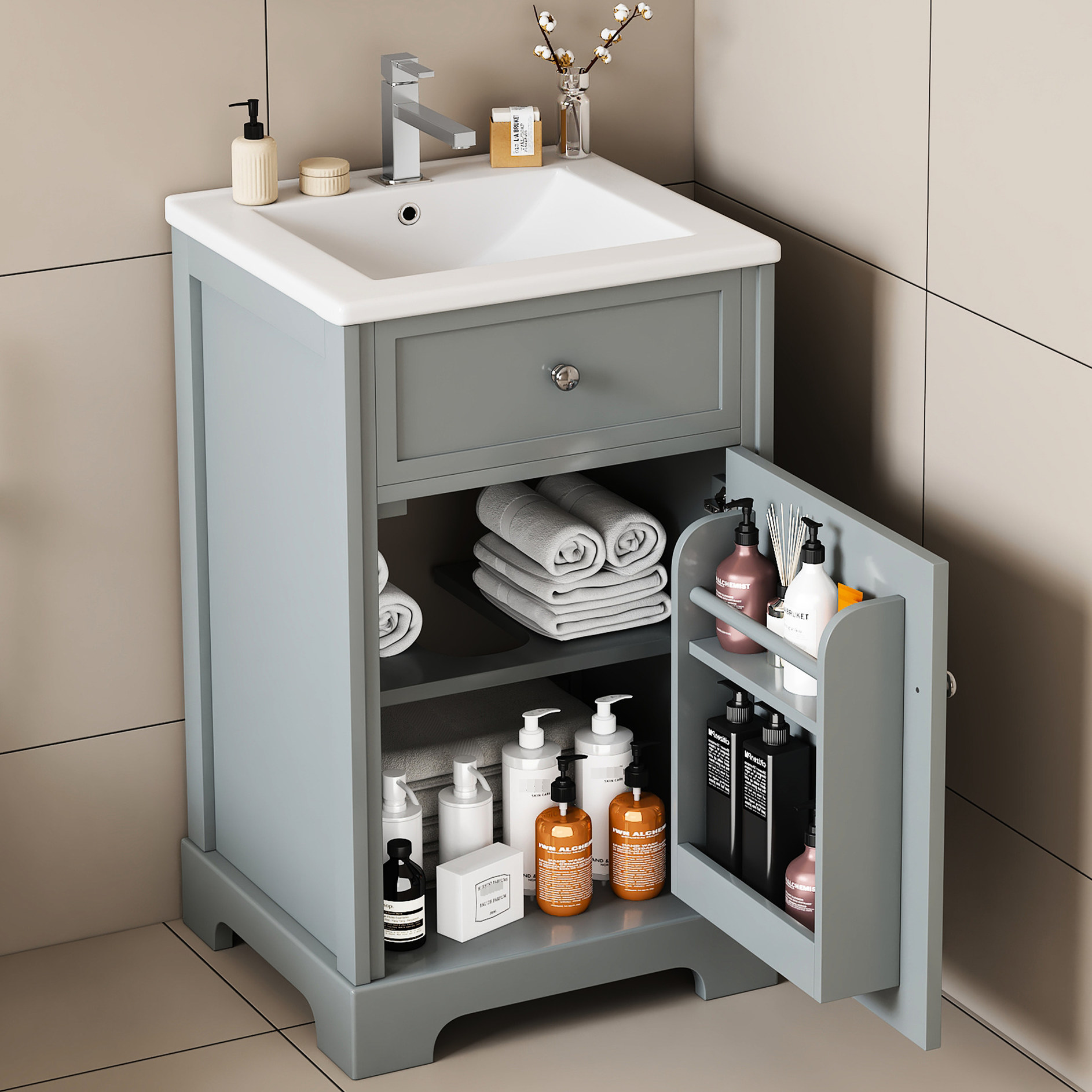 Grey 20" Vanity with Single Sink | Stainless Steel Hinges and Silent