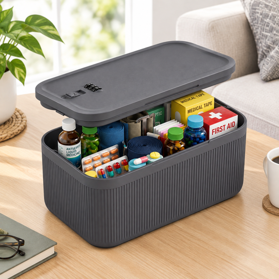Grey 2L Lockable Storage Box For Medications, Snacks And Personal Valuables