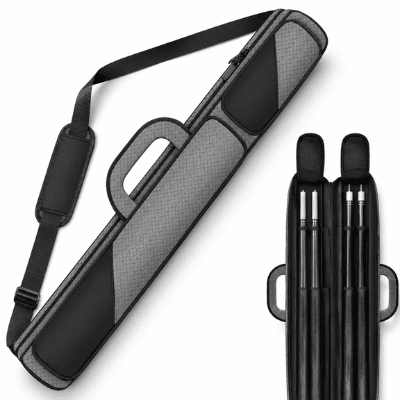 Grey 2x2 Pool Cue Case, Holds 2 Sticks, Polyester Carry Bag with Accessory Pockets