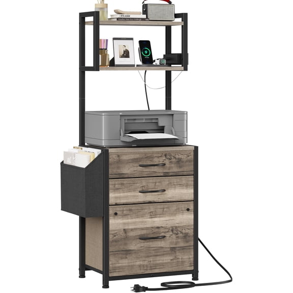 Grey 3-Drawer File Cabinet With Charging Station & 2-Tier Shelf For Home Office Printer Stand
