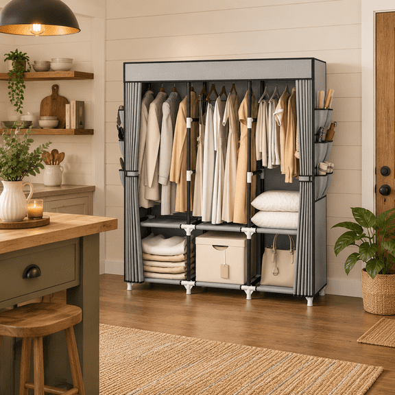 Grey 3 Row - 52'' Wide Free Standing Portable Closet Wardrobe For Hanging Clothes