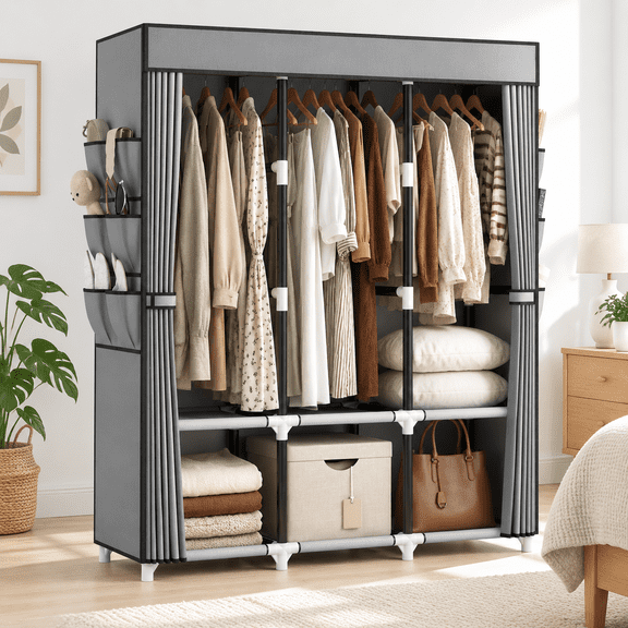 Grey 3 Row - 52'' Wide Free Standing Portable Closet Wardrobe for Hanging Clothes