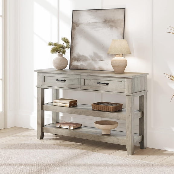 Grey 3-Tier Farmhouse Wooden Entryway Console Table, 2 Drawer Hallway Living Room Sofa Side Table