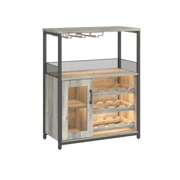 Grey 3-Tier Industrial Wine Bar Cabinet with Mesh Door, Detachable Rack &