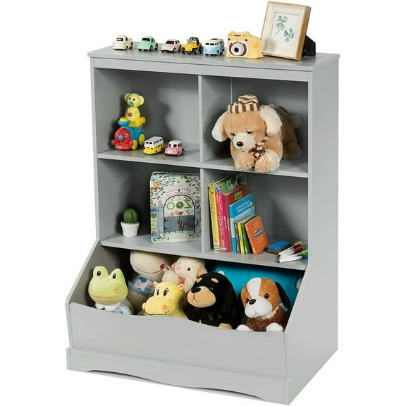 Grey 3 Tiers 4 Cubbies And Bottom Storage Bin Kids Children Unit Storage Cabinet Multifunctional Storage Organizer Spacious Bookcase Bookshelf Great Place For To Store Books Clothing Toys