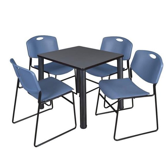 Grey 30 in. Kee Square Breakroom Table with Black & Blue 4 Zeng Stack Chairs