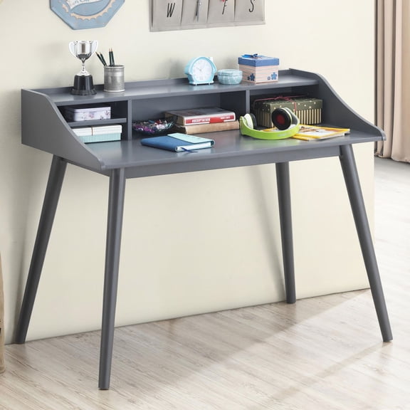 Grey 4-Compartment Rectangular Writing Desk | Ideal for Office Work with Organizer Hutch | Crafted from Asian Hardwood and MDF | Keeps Workspace Clean and Organized