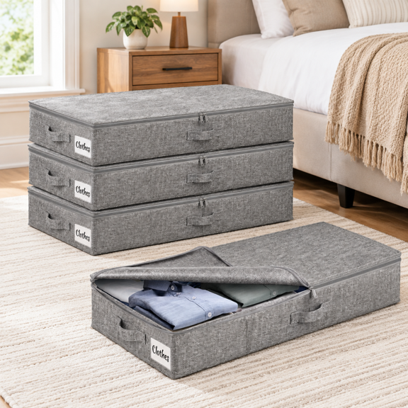 Grey-4 Pack 4 Inch Tall-Hard Underbed Storage Organizer, Thick Fabric Under Bed Box for Dorm and Home