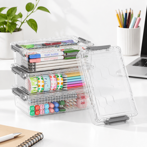 Grey 4 Pack Extra Large Plastic Pencil Box Stackable Art Supply Storage Organizer
