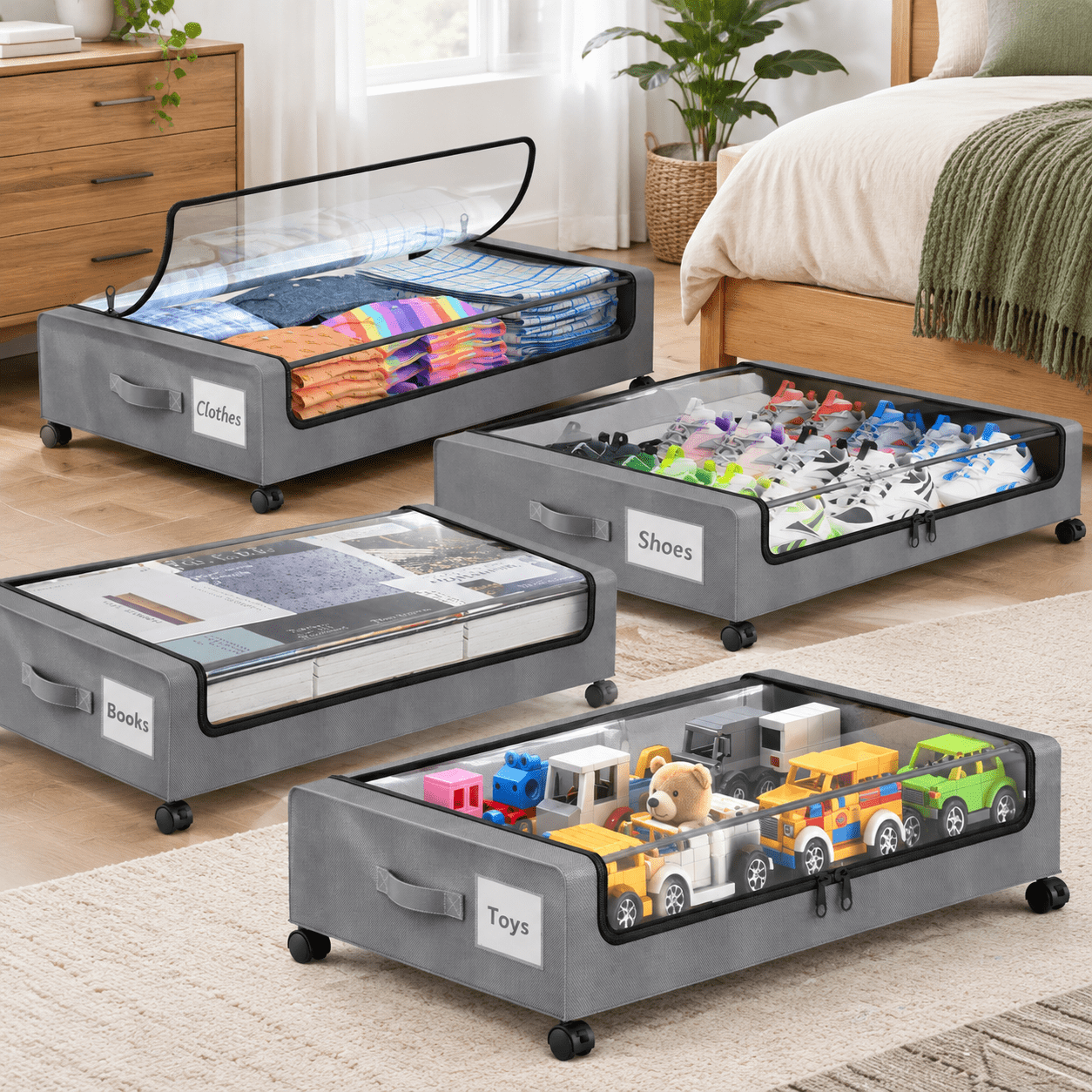 Grey 4 Pack Under Bed Storage Containers with Wheels for Clothes Shoes ...