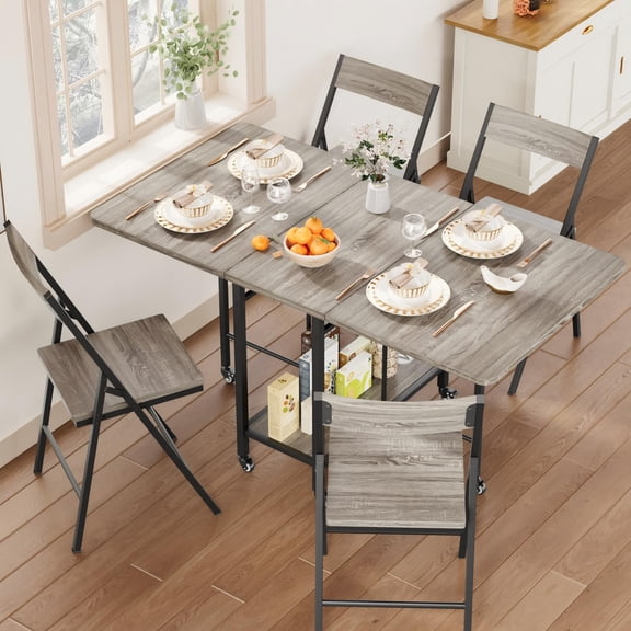 Foldable 4-Seater Dining Table Set with 4 Foldable Chairs & Swivel Wheels, Space-Saving Furniture for Kitchen & Apartment, Grey