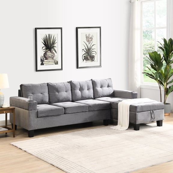 Grey 4-Seat Sofa Set with Cup Holders and Storage Chaise / Perfect for Living Room