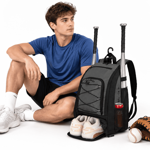 Grey 40L Baseball Softball Bag with Shoe Compartment and Fence Hook for T-ball Gear
