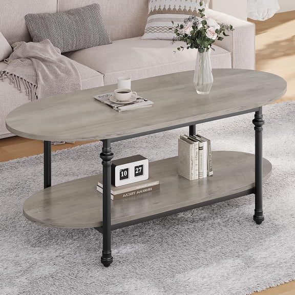 Grey 47.2" Oval Coffee Table, Mid Century 2 Tier Cocktail Table with Storage for Living Room & Office