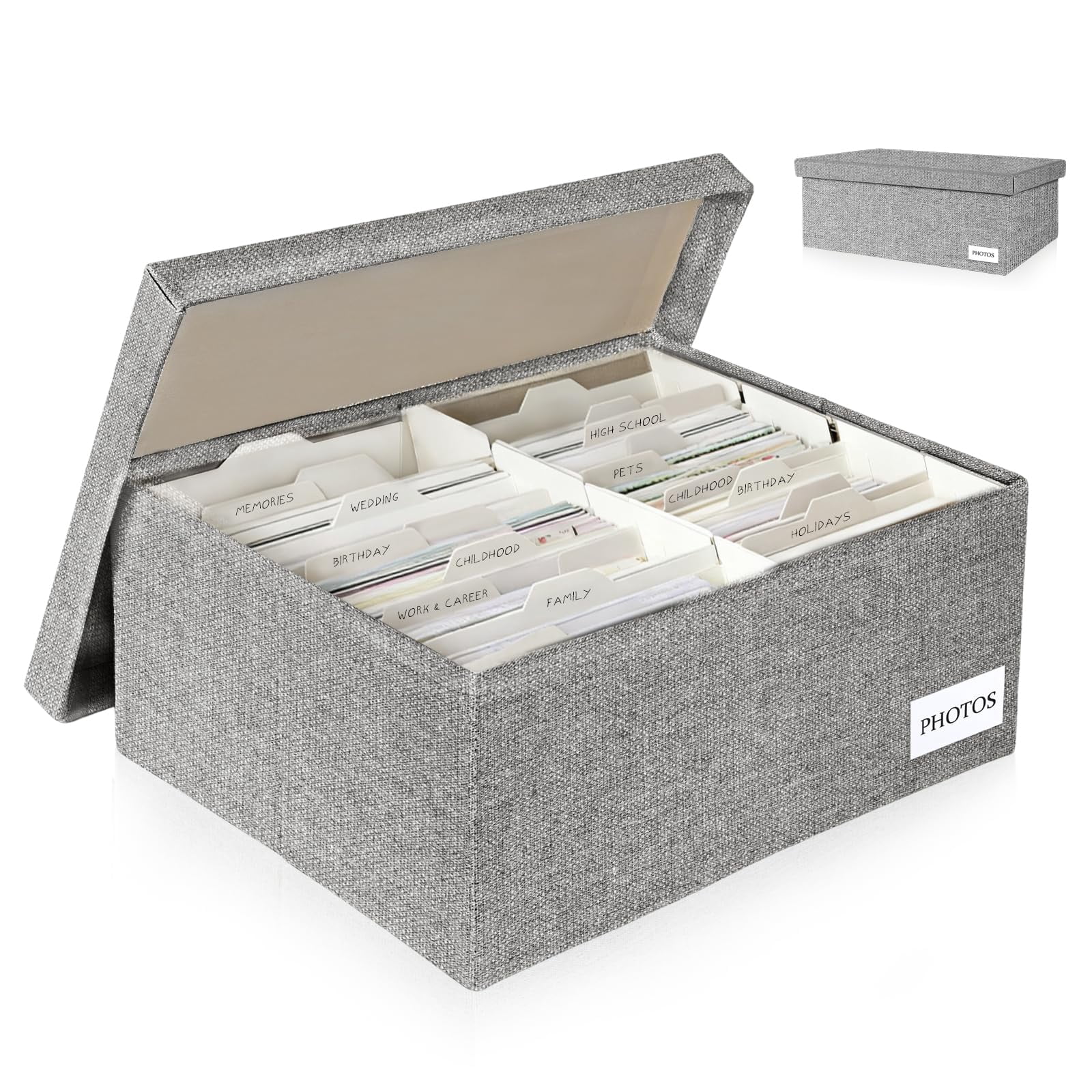 Grey 5*7 Inch Linen Photo Storage Box with Dividers