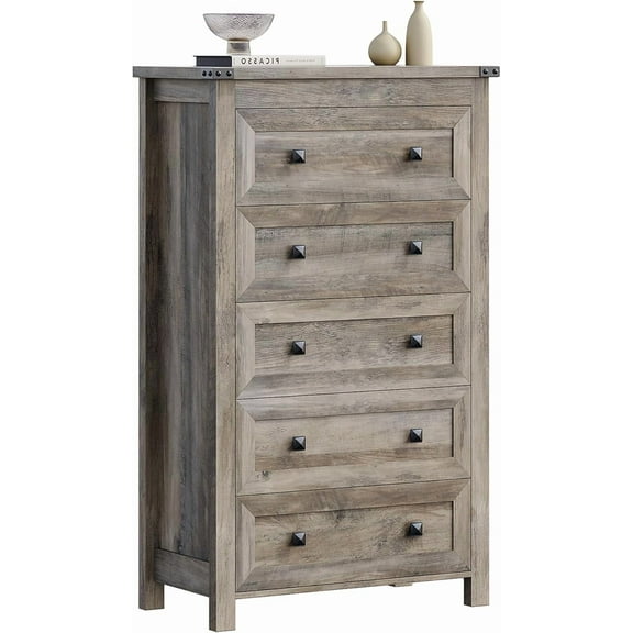 Grey 5 Drawer Dresser for Bedroom, Modern Wood Tall Dressers & Chests of Drawers for Bedroom, Living, Hallway, Entryway, 15.75" D x 27.56" W x 45.47" H