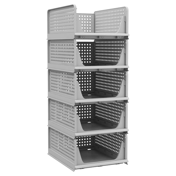 Grey 5 Pack L Folding Plastic Closet Organizers Storage Box Stackable Drawer Basket