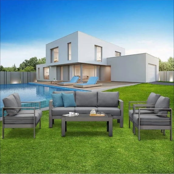 Grey 5-Piece Aluminum Patio Conversation Set with Dark Grey Cushions