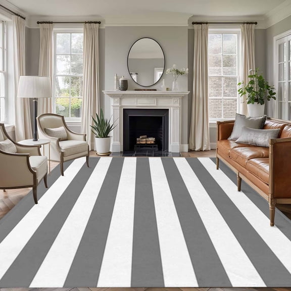 Grey and 5'x7' Rug for Living Room Sofa and Coffee Table Layout, White Stripes Washable Non Slip Rectangle Area Rug for Living Room Dining Room, Bathroom Accent, Entryway, Beside Bed